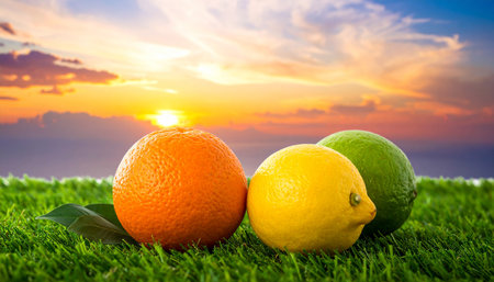 Grass. showing a ripe orange, a yellow lemon, and a green lime rest on lush green grass with a vibrant sunset sky in the background keywords:...の素材