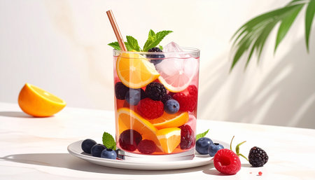 Tall showing a tall glass filled with ice and colorful fruits including orange slices blueberries raspberries and lemon garnished with mint and a...の素材