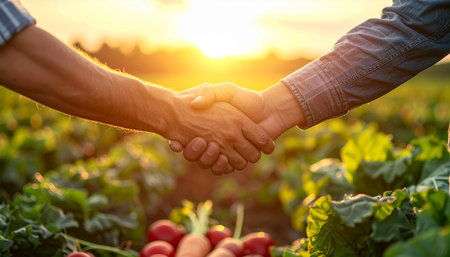 Close-up shot of two hands shaking in a field of lush green vegetables and red tomatoes, bathed in the warm light of a sunset, representing a...の素材