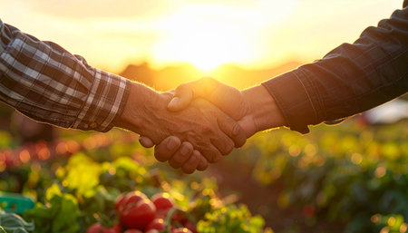 A handshake between two individuals in a vibrant field of vegetables and tomatoes, illuminated by the warm glow of a setting sun, signifying a...の素材