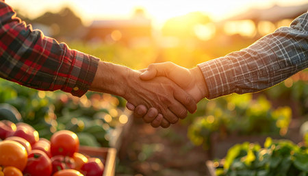 A handshake between two individuals is captured in a field overflowing with ripe tomatoes and vegetables at sunset.の素材