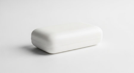 Plain showing a single rectangular bar of plain white soap with rounded edges casting a subtle shadow on a light gray background. resolution...の素材