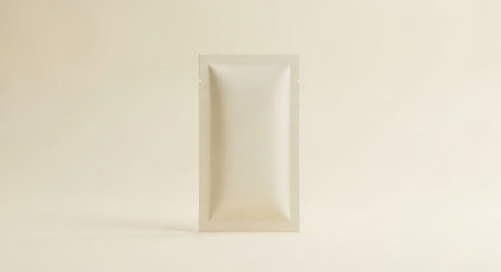 A single, small, rectangular sachet packet with a matte light beige finish is centered on a plain pale yellow background. The is clean and unbranded.の素材