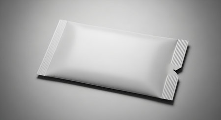 Modern showing a single white rectangular sachet or pouch with sealed edges and a textured seam on a gray background keywords: sachet, pouch, white,...の素材