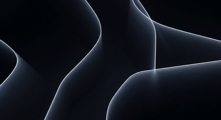 Dark abstract background with smooth white glowing curved lines and subtle shadows.の素材