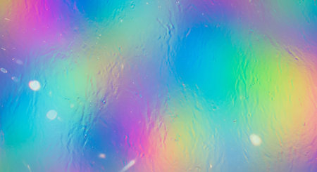 A vibrant holographic texture with rainbow colors, soft bokeh lights, and water droplets.の素材