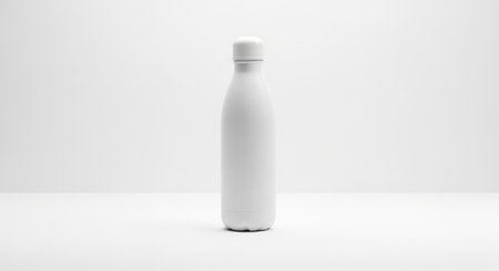 Plain showing minimalist white water bottle with a screw-on cap on a bright white studio background keywords: water bottle, white, minimalist,...の素材