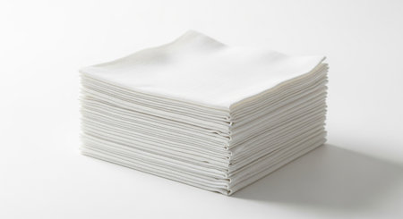 A stack of white paper napkins is neatly arranged on a white surface, creating a clean and minimalist visual.の素材