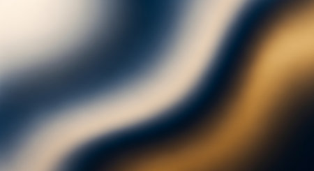 A soft, blurred abstract background features flowing waves of blue, beige, and gold colors.の素材