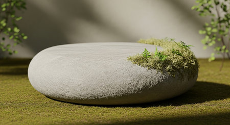 3d rendering of a white stone podium with moss in the gardenの素材