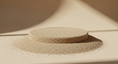 A round, textured pedestal composed of tiny granules sits on a smooth beige surface, with soft shadows creating a subtle visual effect.の素材