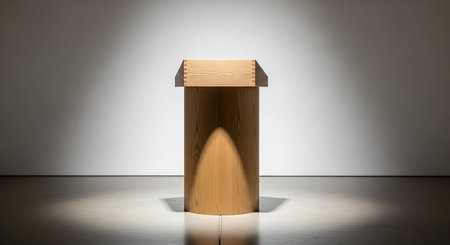 showing cylindrical wooden pedestal with angled and spotlight illumination in studio setting. resolution use.の素材