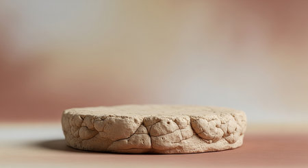 Display showing cracked earth textured cylindrical display podium in a light beige color against a soft gradient background of pink and beige tones....の素材