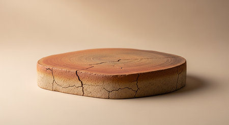 A round terracotta podium with visible cracks and concentric rings is presented on a warm beige background, showing a rustic, weathered texture.の素材