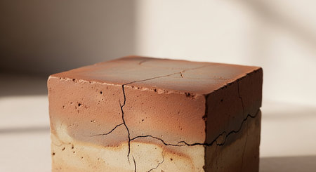 A close-up view of a cube made of layered terracotta clay reveals a rough, dry texture with prominent cracks spreading across its surface in earthy...の素材