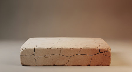 A light brown stone pedestal with a surface covered in fine, intricate cracks sits against a softly lit neutral background.の素材