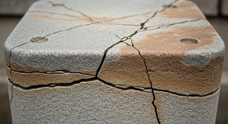 A close-up of a grey stone block showing significant cracks, rust-colored stains, and a rough, porous texture, revealing signs of age and weathering.の素材