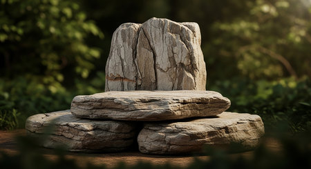 showing cracked stone podium with rough texture in a forested natural setting. resolution use.の素材