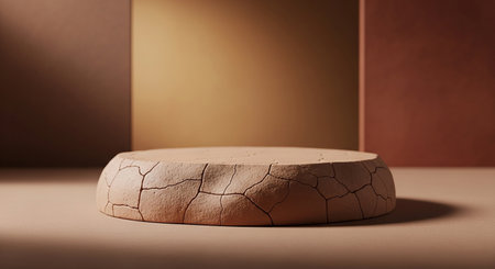 A round pedestal with a cracked earth texture sits on a warm brown surface against a tan and brown background.の素材