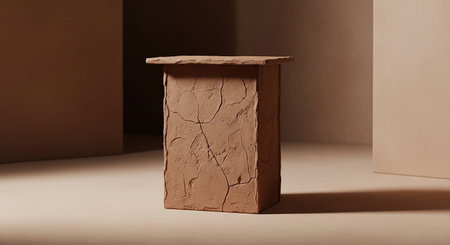 showing cracked terracotta pedestal with rough texture and soft lighting in a studio setting. resolution use.の素材