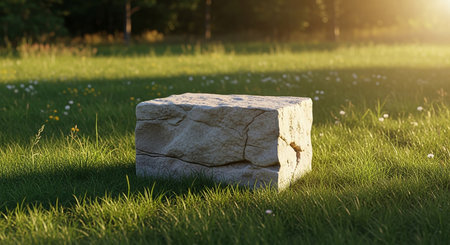 A rough, grey stone block pedestal rests on lush green grass dotted with wildflowers, bathed in warm sunlight.の素材