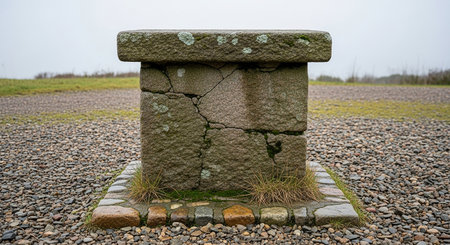 A square stone monument with patches of lichen sits on a surface of gravel and pebbles, with sparse grass and an overcast sky in the background.の素材