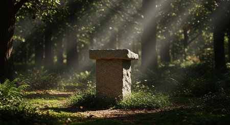 showing stone pedestal in a sunlit forest clearing with rays of light and lush greenery. resolution use.の素材