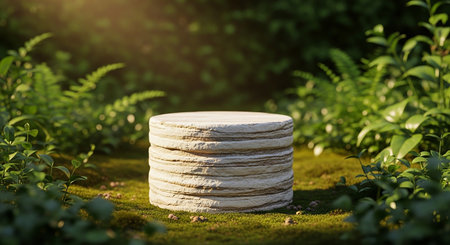 showing stacked stone pedestal on mossy ground surrounded by lush greenery and sunlight. resolution use.の素材