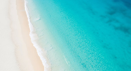 An aerial view captures a pristine white sand beach meeting vibrant turquoise ocean water with gentle waves and white sea foam.の素材