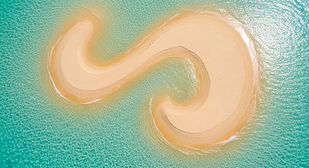 An aerial perspective reveals a sandbar forming a distinct question mark shape within the clear, shallow turquoise ocean water, highlighting its...の素材