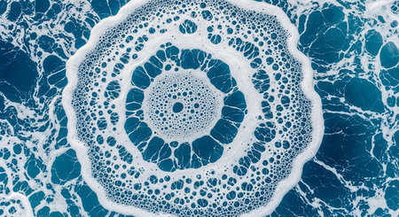 A detailed macro view of a circular pattern formed by white ocean foam bubbles against deep blue water creating an abstract naturalの素材