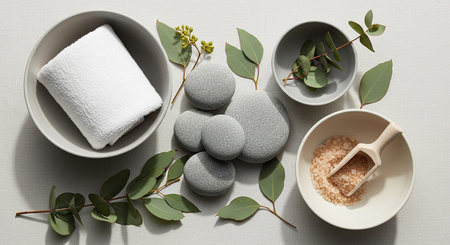 Grey showing spa relaxation including rolled white towel smooth grey stones eucalyptus leaves and pink bath salts in bowls. resolutionの素材