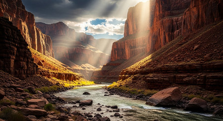 (358) showing grand canyon landscape with a river flowing through the valley under dramatic sunbeams. resolution use.の素材
