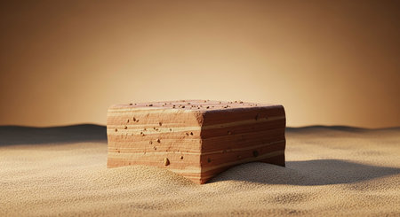Desert showing layered sedimentary rock formation with sand and pebbles in a desert landscape with soft lighting and a blurred background.の素材