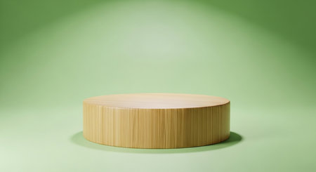 Display showing light green cylindrical wooden pedestal display stand with vertical grain texture under soft spotlight. resolutionの素材