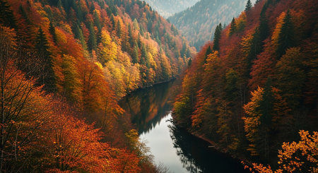 A tranquil river winds through a dense forest showcasing a display of autumn foliage in vivid shades of orange, red, and yellow, with trees...の素材