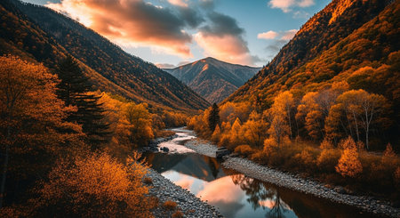 A autumn mountain valley a winding river reflecting the vibrant golden and orange foliage of the trees and the warm hues of the sunset sky.の素材