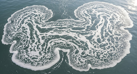 A symmetrical pattern of white foam swirling on a dark blue water surface, forming an intricate and natural abstract shape.の素材