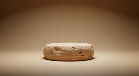 An oval-shaped display podium made of rough, textured natural stone in earthy brown tones is lit from above, casting a subtle shadow.の素材