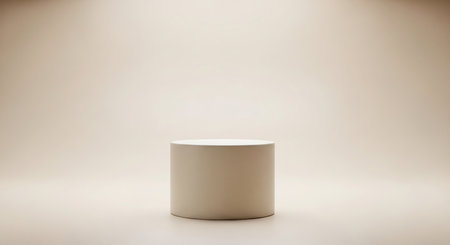 A smooth, matte beige cylindrical podium is presented with soft ambient lighting against a seamless, neutral-toned background.の素材