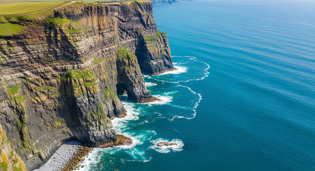 Rocky showing dramatic aerial view of the cliffs of moher with turquoise ocean waves crashing against rugged rock formations keywords: cliffs of...の素材
