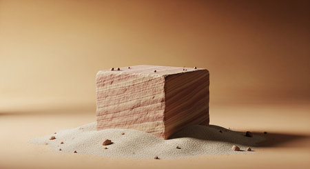 showing light brown sandstone cube with horizontal striations sits on a bed of fine white sand with small pebbles. resolutionの素材