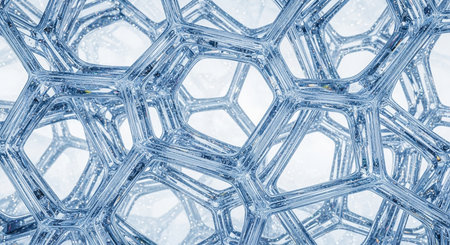 Close-up macro view of a transparent geometric structure with hexagonal cells and water droplets.の素材
