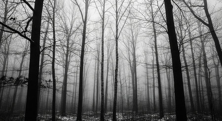 Leafless trees stand in dense fog creating a dark and atmospheric monochrome forest scene.の素材