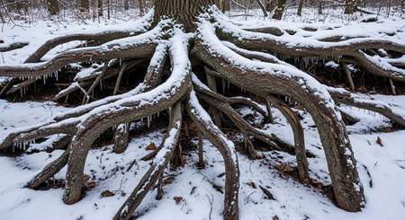 Large tree roots exposed and covered in snow with icicles hanging in a winter forest.の素材