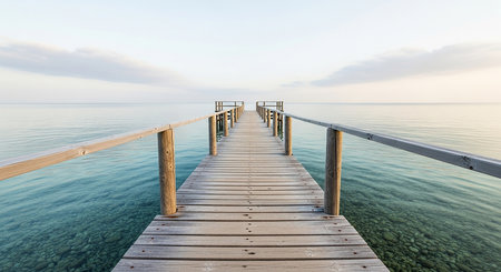 A wooden pier stretches out over clear, calm turquoise water towards a horizon with a soft pastel sky and gentle clouds.の素材