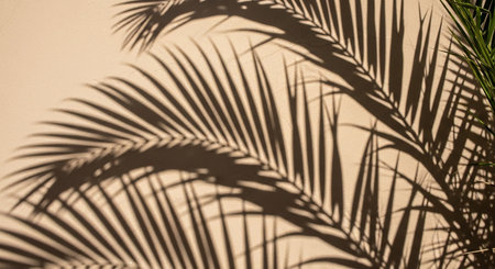 Textured showing shadows of palm fronds cast on a textured light beige wall with a hint of green foliage in the corner. resolutionの素材