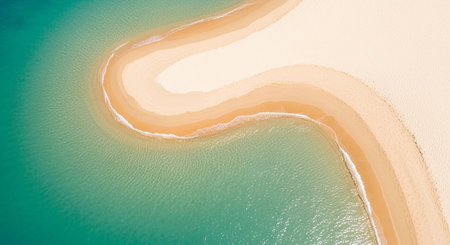 An aerial perspective reveals a striking serpentine sandbar with light beige and white sand, curving through vibrant turquoise ocean water with...の素材