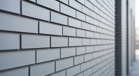 A close-up perspective of a modern gray brick wall with distinct dark grout lines, showcasing a clean, repeating pattern with a shallow depth of field.の素材