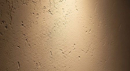 A close-up of a textured plaster wall with a rough, uneven surface illuminated by warm light, creating a dramatic interplay of light and shadow.の素材